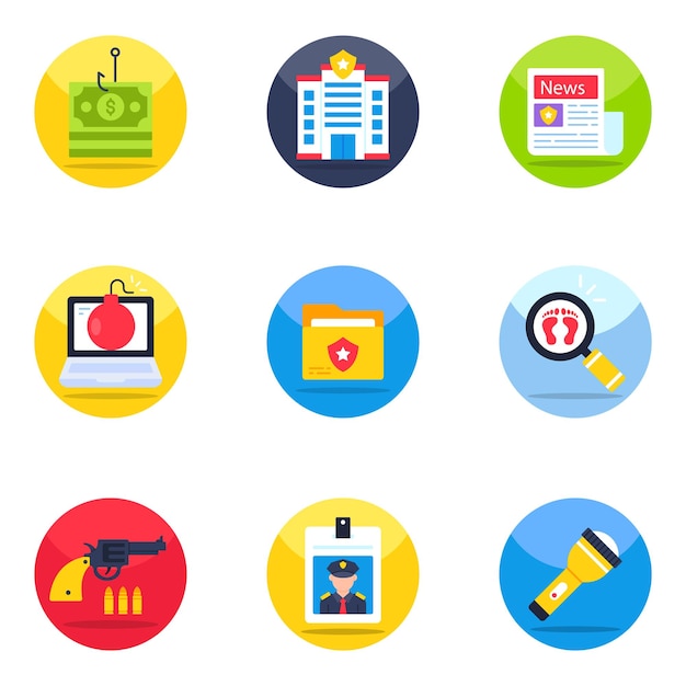 Vector pack of justice and cyber crime flat icons