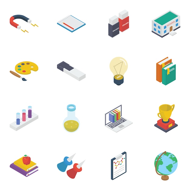 Pack of learning accessories isometric icons