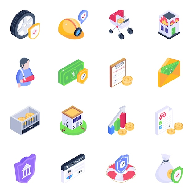 Pack of life insurance isometric icons