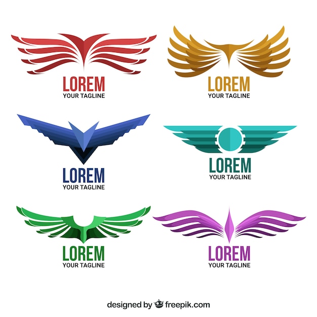 Pack of logos with wings in flat design