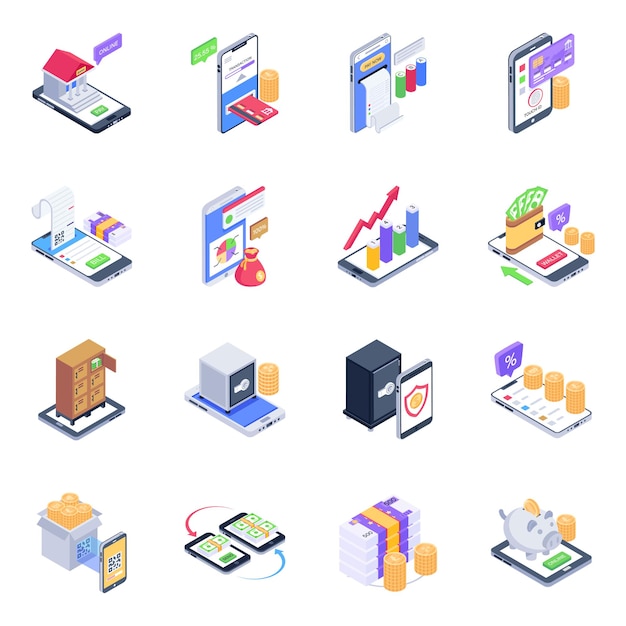 Pack of mobile banking isometric icons