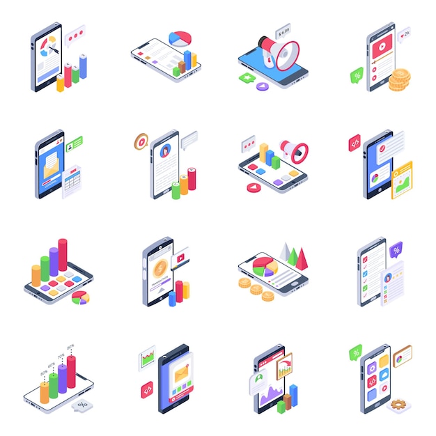 Pack of mobile marketing isometric icons