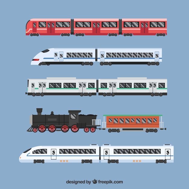 Vettore pacchetto di treni moderni e vintage in design piatto