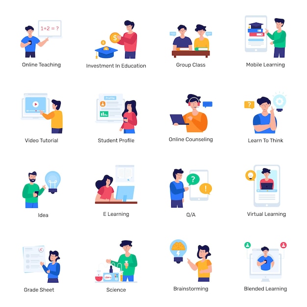 ベクトル 遠隔教育フラットアイコンのパック