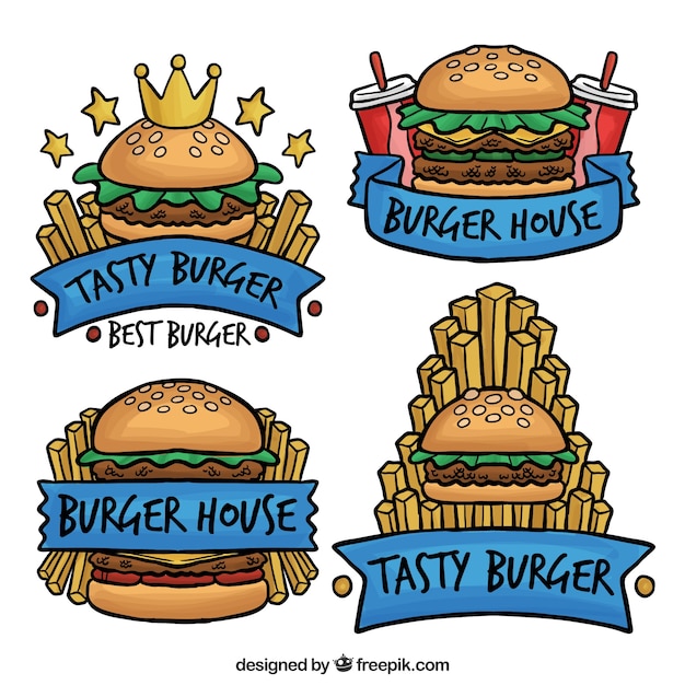 Вектор Набор рисованных логотипов для гамбургера