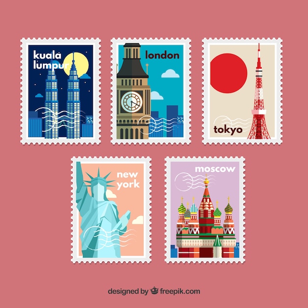 Вектор Пакет ретро-марок в плоском дизайне с памятниками