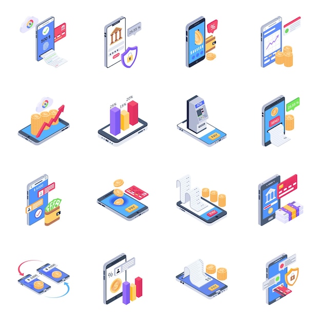 Pack of online banking isometric icons