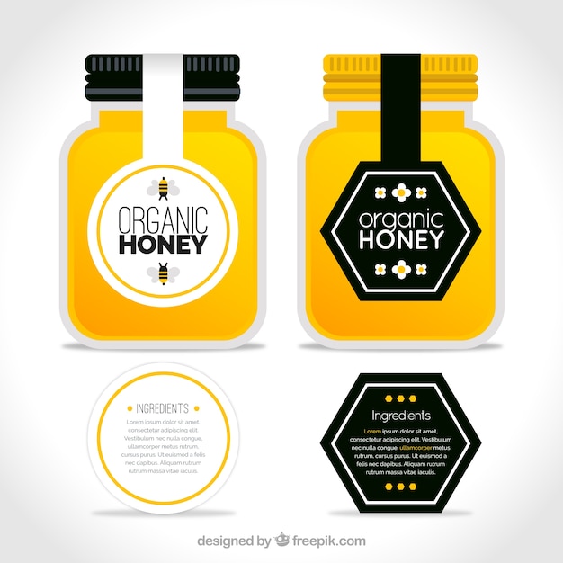 Vettore confezione di vasetti di miele organici con le etichette