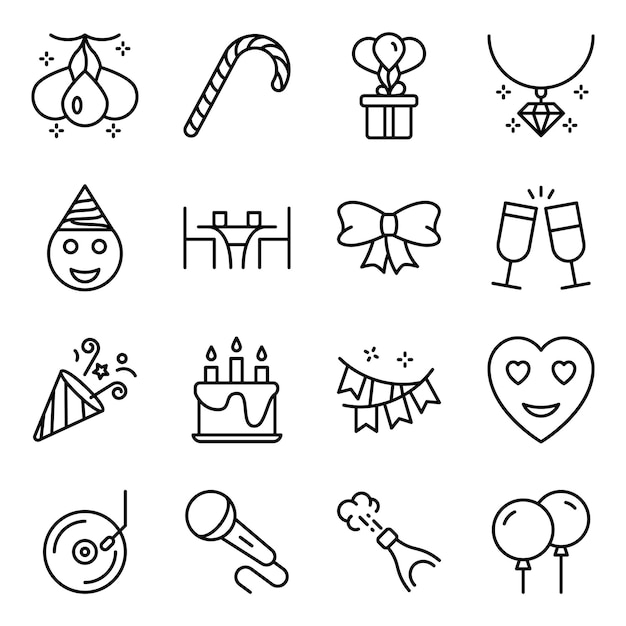 Pack of party and decoration line icons