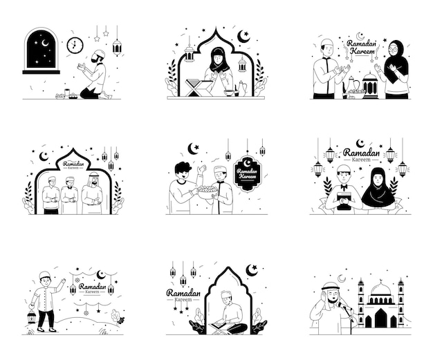 Pack of ramadan kareem glyph line illustrations