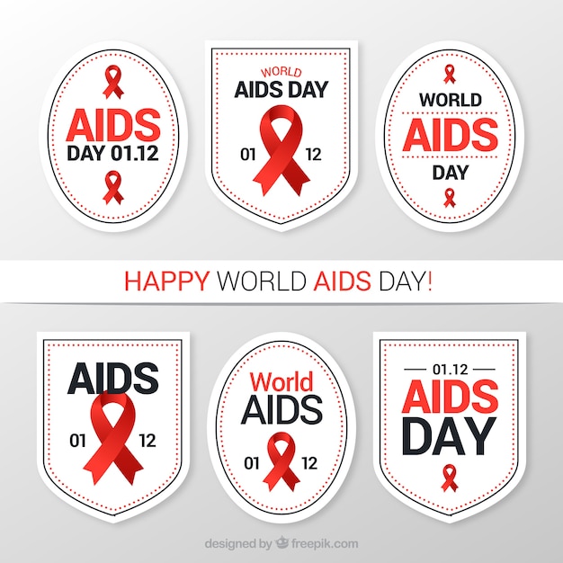 Pack of six white stickers for world aids day with red ribbons