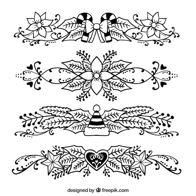 Vector pack of sketches of poinsettia ornaments with christmas elements