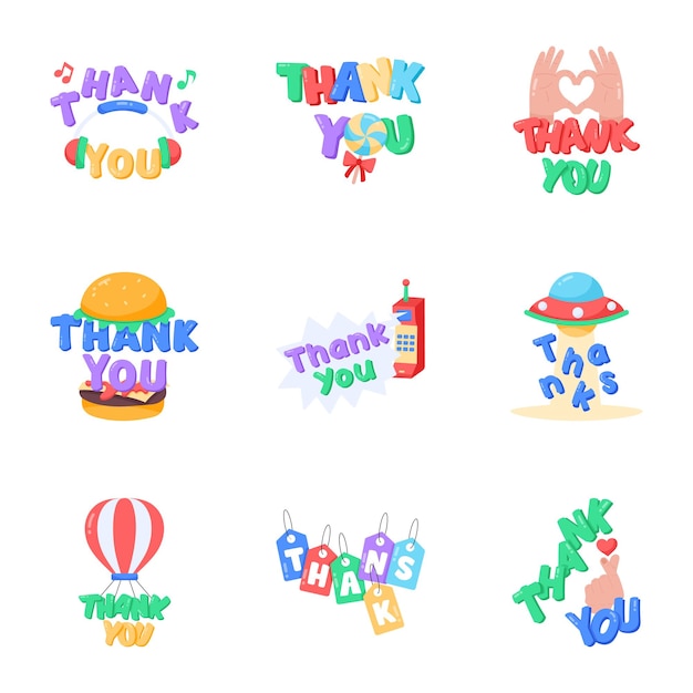 Pack of thanks lettering flat stickers