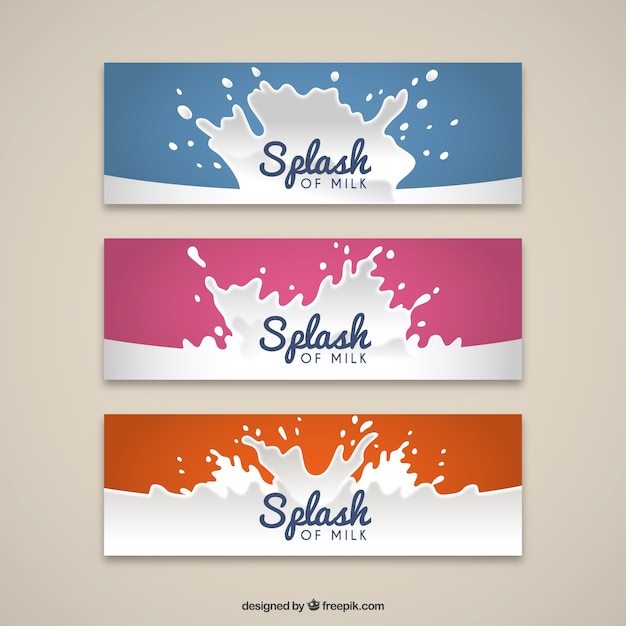 Vector pack of three colorful banners of milk splash