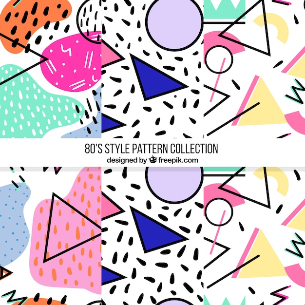 Vector pack of three modern patterns with colorful shapes