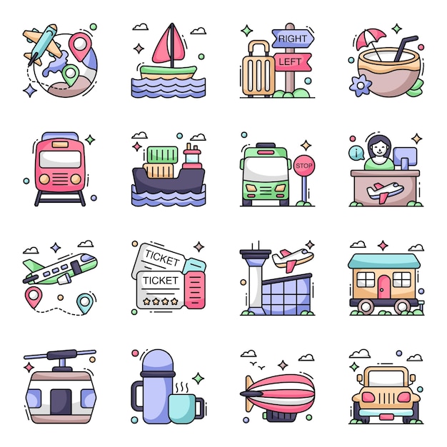 Vector pack of travel and tour flat icons