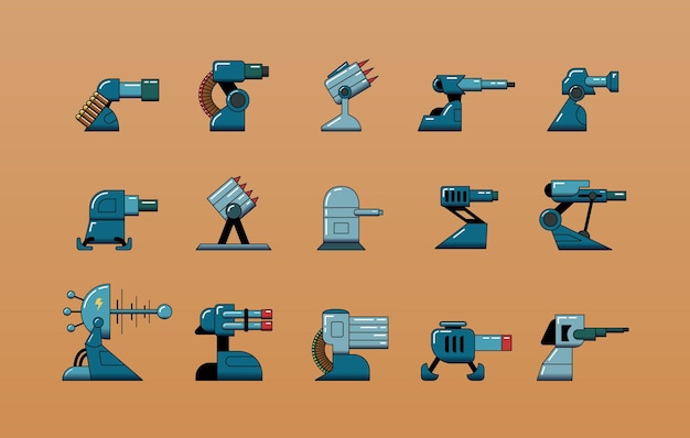Vector pack of turrets for games and illustrations, different categories and types.