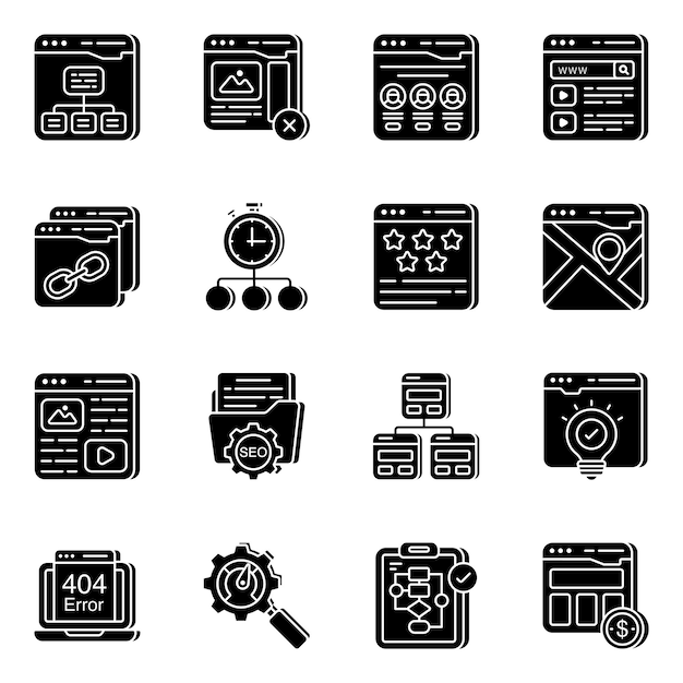 Pack van SEO en data solide iconen