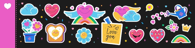 A pack of vector stickers on the theme of love in cartoon style.