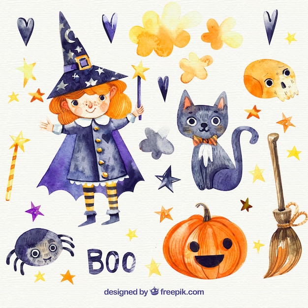 Vector pack of watercolor halloween elements