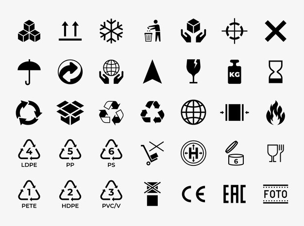 Vector package box icon recycle and transportation caution symbols delivery and logistics care signs for cardboard containers warning and attention pictograms vector silhouette labels set