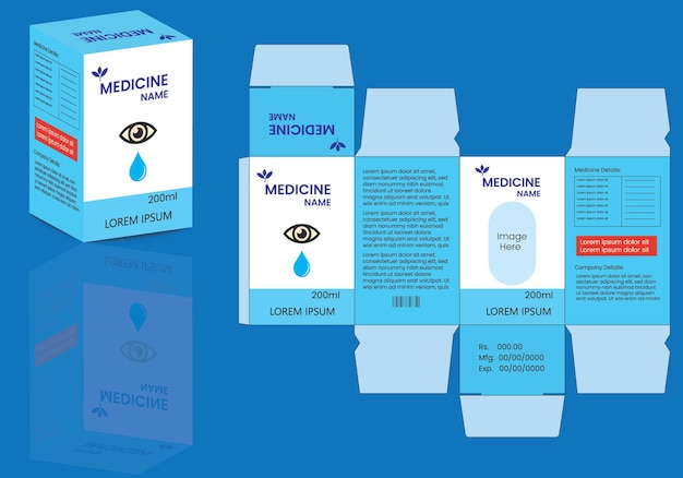 Vector package design box design packaging template and die cut design for medicine eye drop syrup