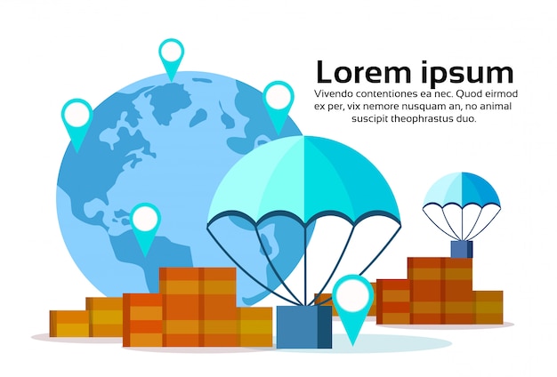 패키지 비행 낙하산 세계지도 지리적 태그 상자 배달 서비스 개념