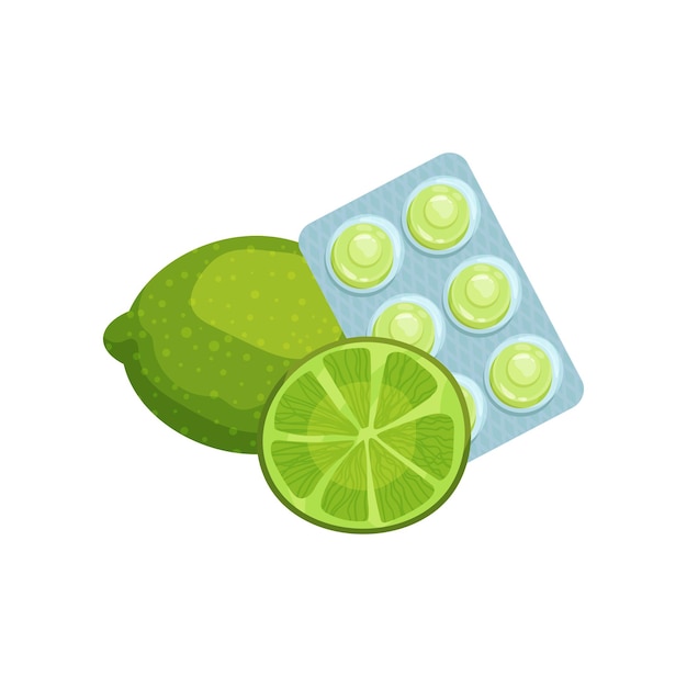 Package of lozenges with lime fruit flavor taste sucking candies for sore throat and cough remedy cartoon vector illustration on a white background