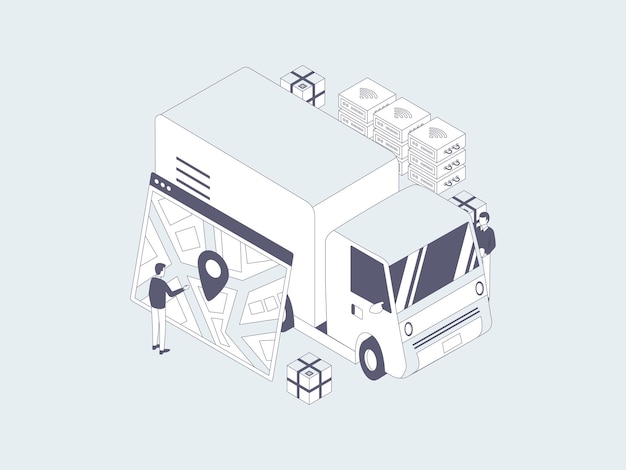 Package Sent Tracking Isometric Illustration Lineal Grey. Suitable for Mobile App, Website, Banner, Diagrams, Infographics, and Other Graphic Assets.