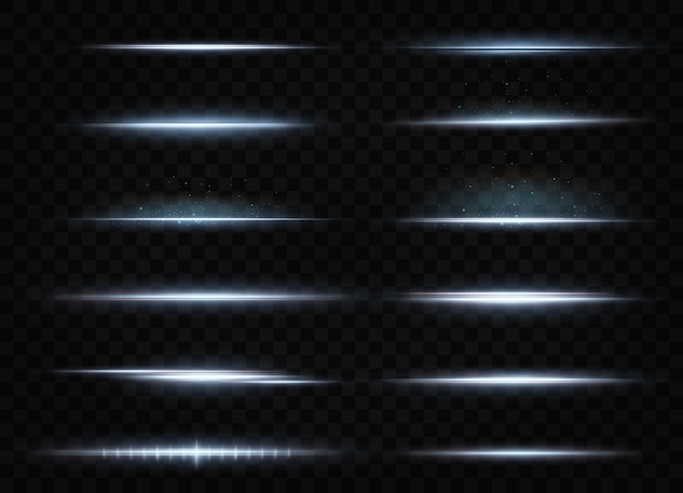 Vector package with blue horizontal highlights laser neon beams horizontal light blue beams beautiful flashes of light glowing stripes on a dark background