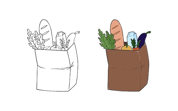 Package with groceries loaf greens milk carrot sweet pepper eggplant doodle linear cartoon coloring