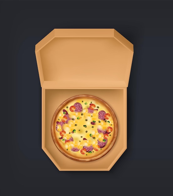 Vector package with pizza 3d cardboard box with traditional italian meal with cheese salami and vegetables top view of opened craft container for pizzeria delivery vector mockup for branding