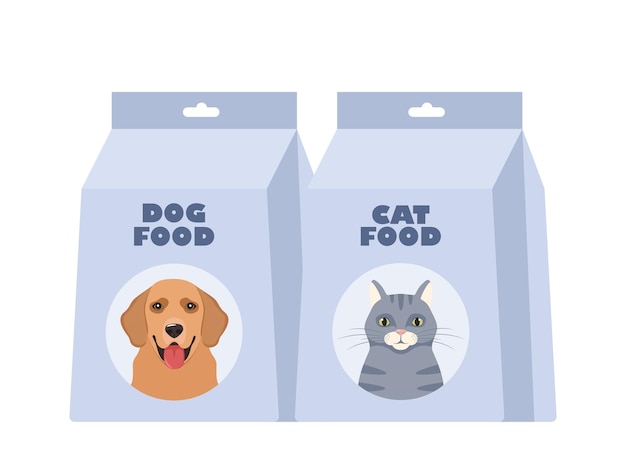 Packages van droog voedsel voor honden en katten Concept voor de verzorging van huisdieren in een huisdierenwinkel