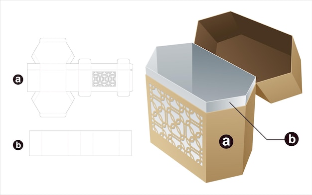 包装箱の型抜きテンプレートと 3D モックアップ