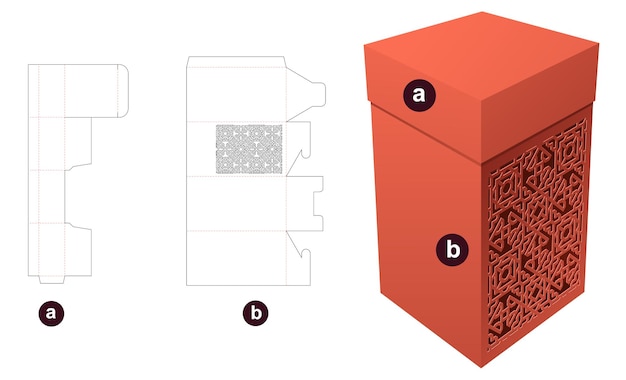 Packaging box and lid with stenciled pattern die cut template and 3D mockup