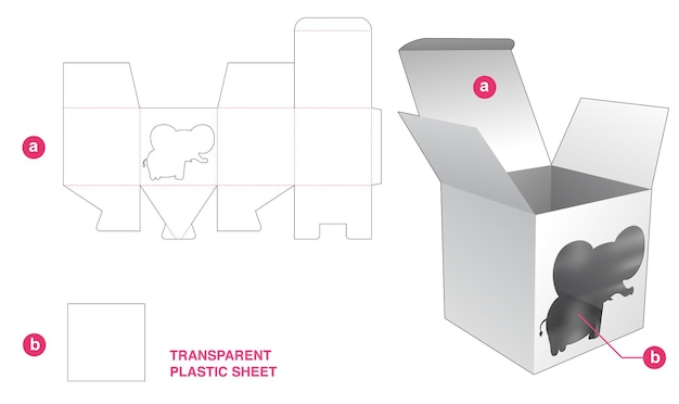 Packaging box with elephant window and transparent plastic sheet die cut template