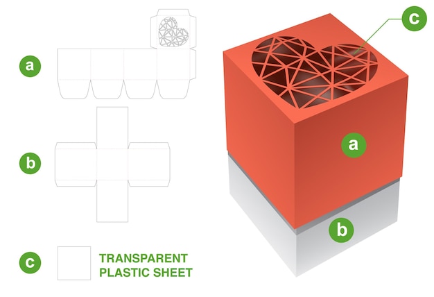 packaging box with heart window die cut template and 3D mockup