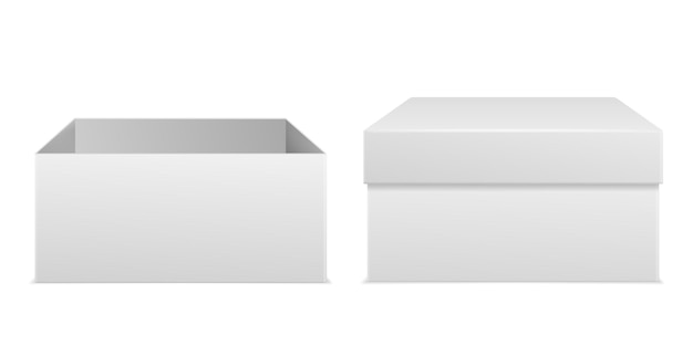 現実的な包装箱白い空の箱側面図モックアップ消費者段ボールパッケージ紙ラップ開いた閉じた正方形のコンテナプレゼントと商品保管ベクトル分離図