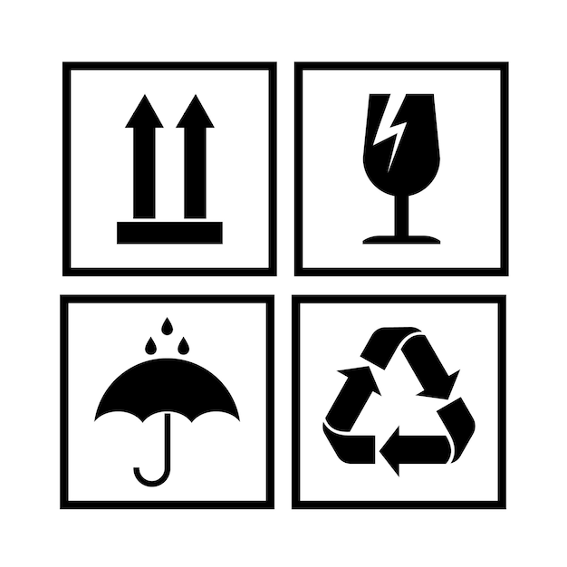 Vector packaging cargo symbols in form of stamps for wooden cardboard boxes meaning environmental friendliness fragility of cargo need for protection from moisture cargo marking vector illustration