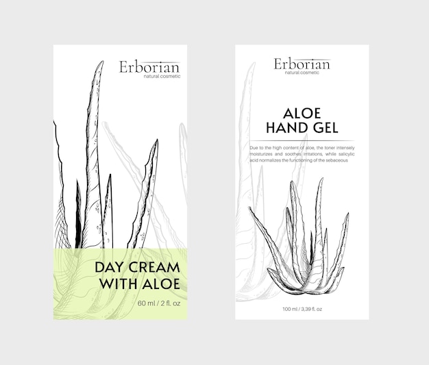 Packaging design for herbal cosmetics Hand drawn vector illustration aloe vera