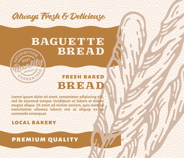 Vector packaging design or label premium bakery with hand drawn baguette bread in doodle vintage style