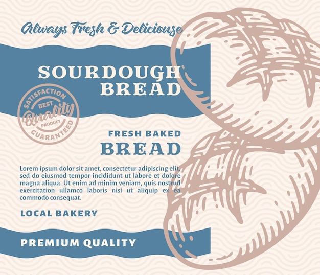 Vector packaging design or label premium bakery with hand drawn kaiser roll bread in doodle vintage style