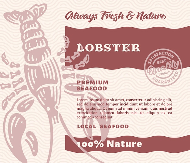 Packaging design o etichetta premium seafood con aragosta disegnata a mano in stile vintage doodle