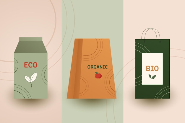 Vettore progettazione di imballaggi per prodotti ecologici biologici. tre varianti con diversi design. colore naturale pallido