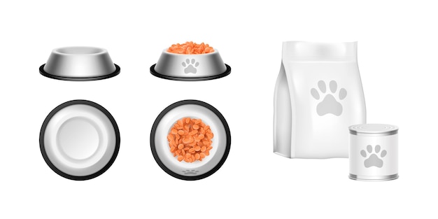 Vector packaging and feed bowl pet food plates and packing 3d mockup blank bags tin cans and crockery