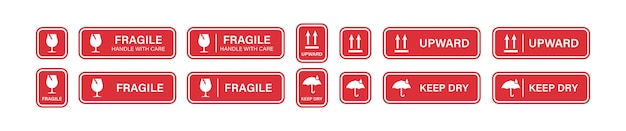 Packaging symbols fragile handle with care keep dry and upward Set red sticker with icon Isolated warning vector signs