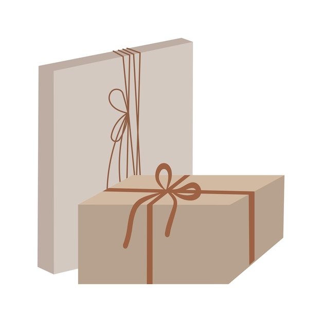 Packed boxes in kraft paper. Festive gift wrapping. Cristmas presents. Flat illustration. Boho style