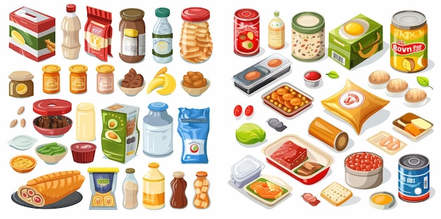 Вектор Упакованные продукты для приготовления пищи, товары супермаркетов и консервированные продукты питания