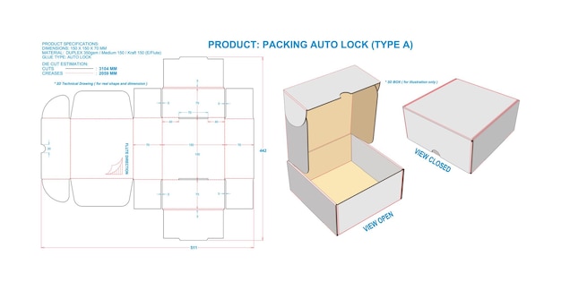 벡터 포장 자동 잠금 a ef 150 x 150 x 70 mm 2d 3d