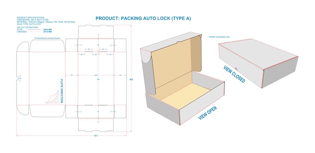 벡터 포장 자동 잠금 a ef 200 x 300 x 70 mm 2d 3d